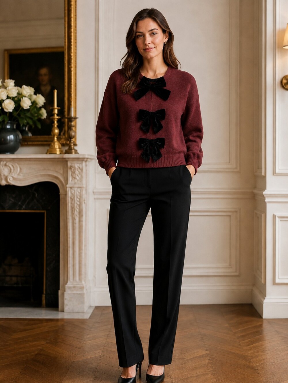 Commense Burgundy Velvet Bow Pullover Sweater XS NWT